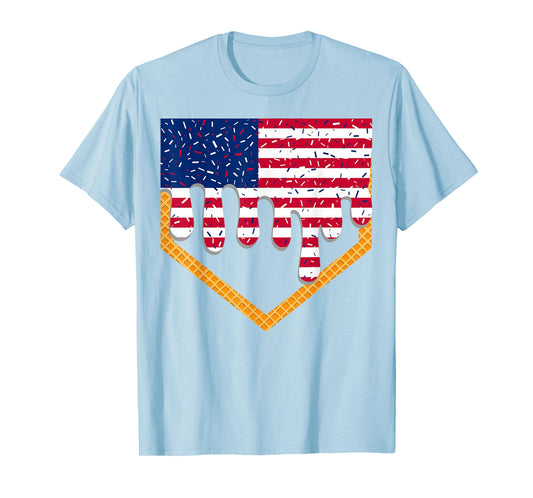 4th of July Baseball Drip Ice Cream Patriotic American Flag T-Shirt