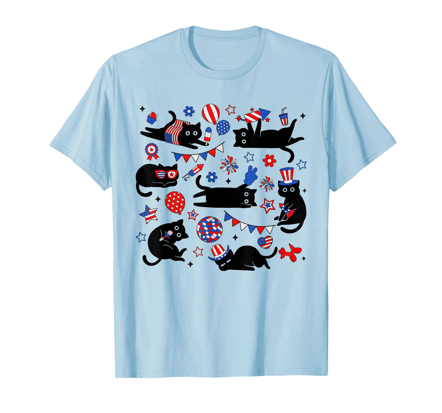 Cute Black Cat USA Flag Firework Patriotic 4th of July T-Shirt