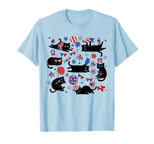 Cute Black Cat USA Flag Firework Patriotic 4th of July T-Shirt