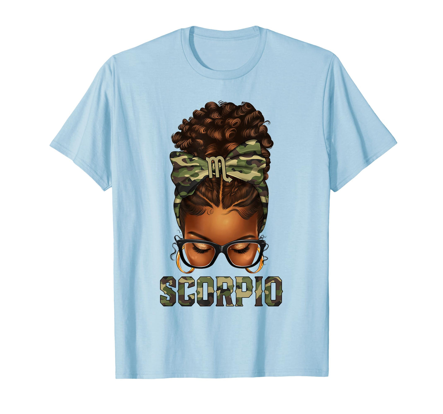 Afro Black Woman Messy Bun Camo Zodiac Scorpio Queen T-Shirt