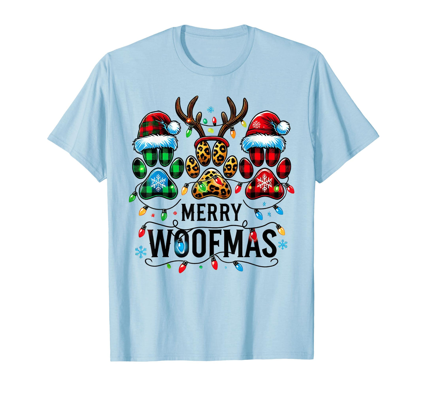 Merry Woofmas Christmas Dog Paws Lights Buffalo Plaid Women T-Shirt