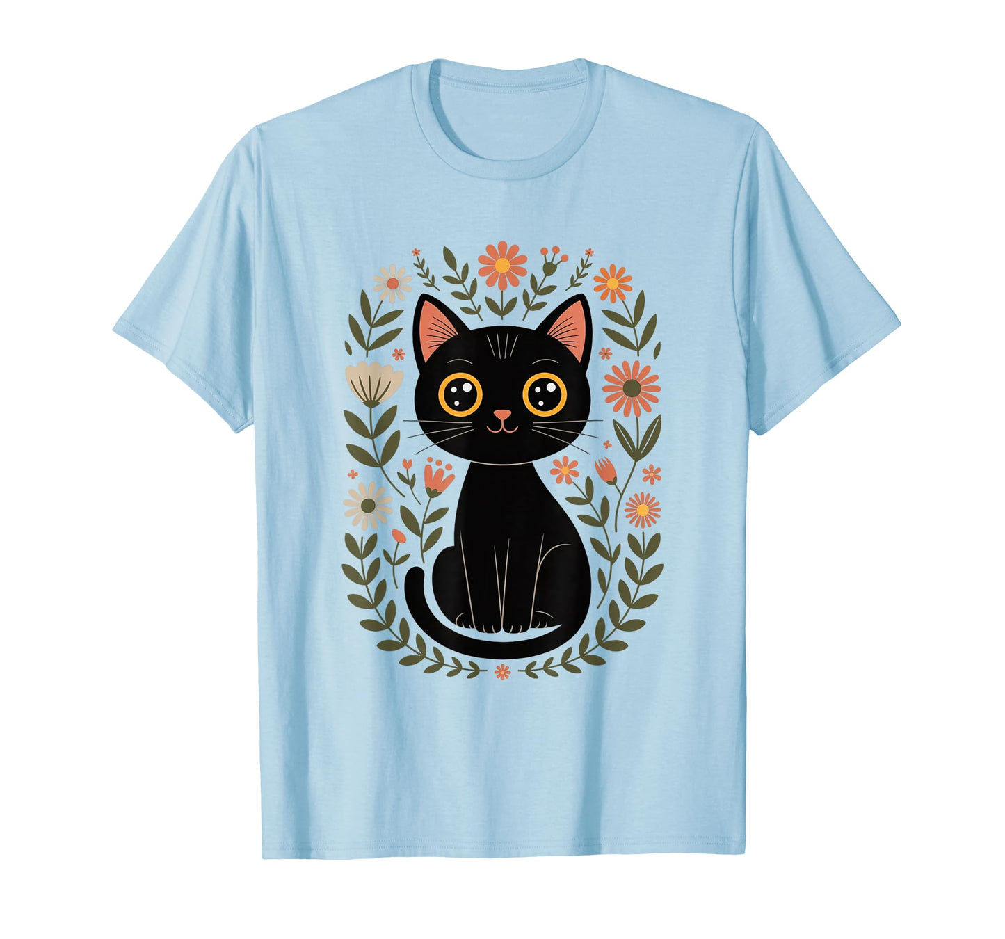 Cute Black Cat Floral Botanical Flowers Kitten Love T-Shirt