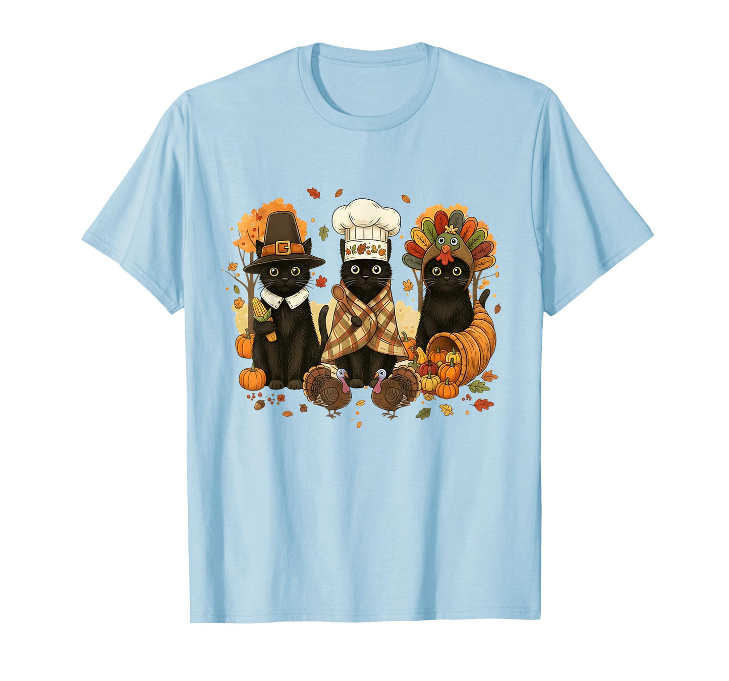 Retro Black Cat Cute Fall Turkey Thanksgiving Women Men Kids T-Shirt
