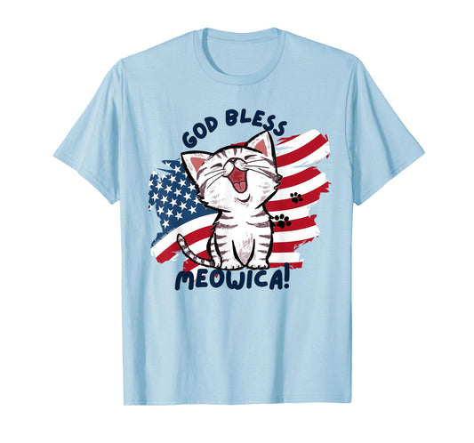 Cute Cat Lovers God Bless Meowica Patriotic 4th of July T-Shirt for Women Kids Men