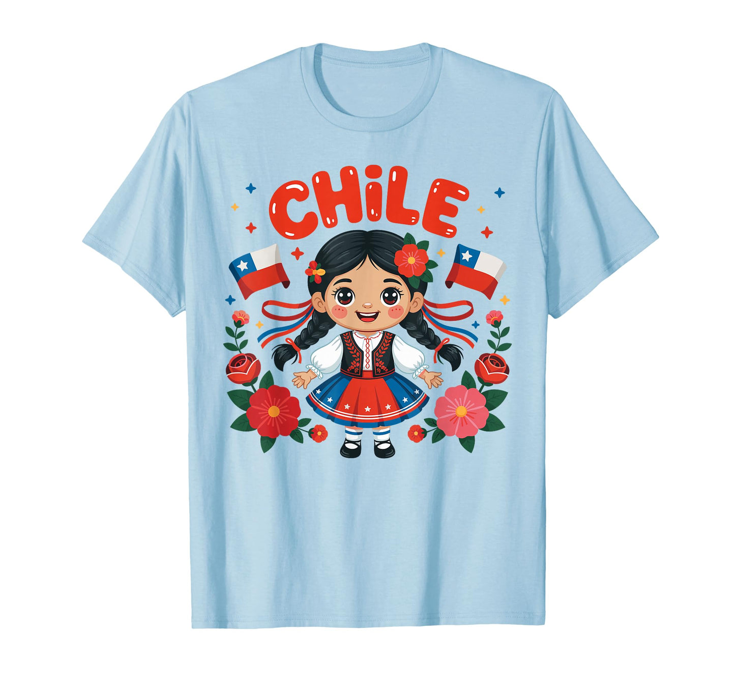 Chile Girl Traditional Dress with Flags and Flowers for Kids T-Shirt