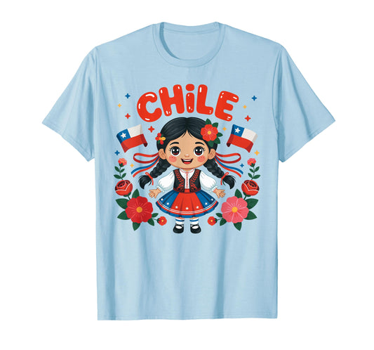 Chile Girl Traditional Dress with Flags and Flowers for Kids T-Shirt