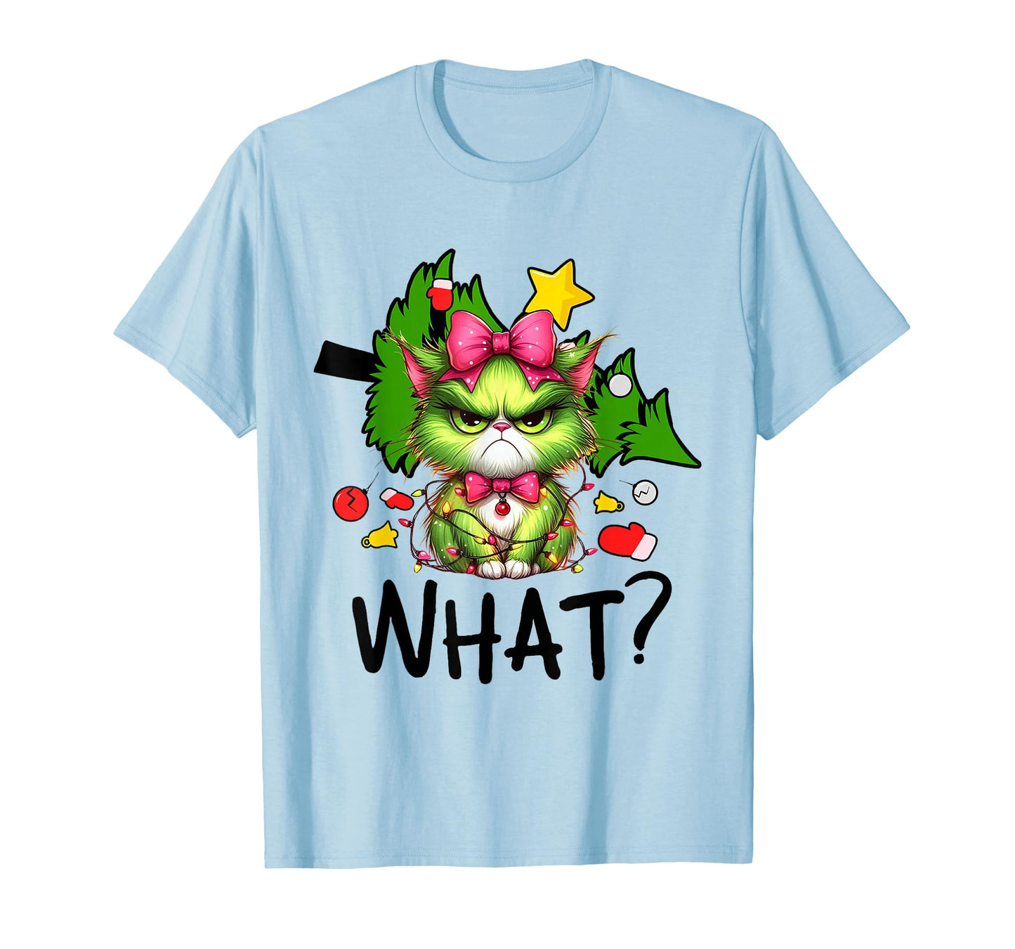 Funny Green Cat Christmas Tree Merry Xmas Humor Cat What? T-Shirt