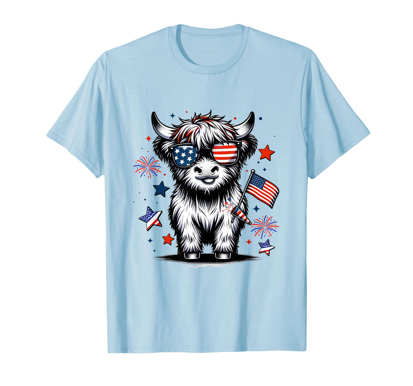 Cute Highland Cow 4th of July USA Flag Patriotic Cow Farmer T-Shirt