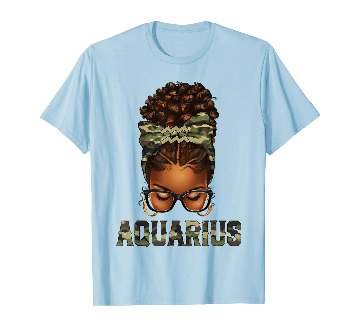 Afro Black Woman Messy Bun Camo Zodiac Aquarius Queen T-Shirt
