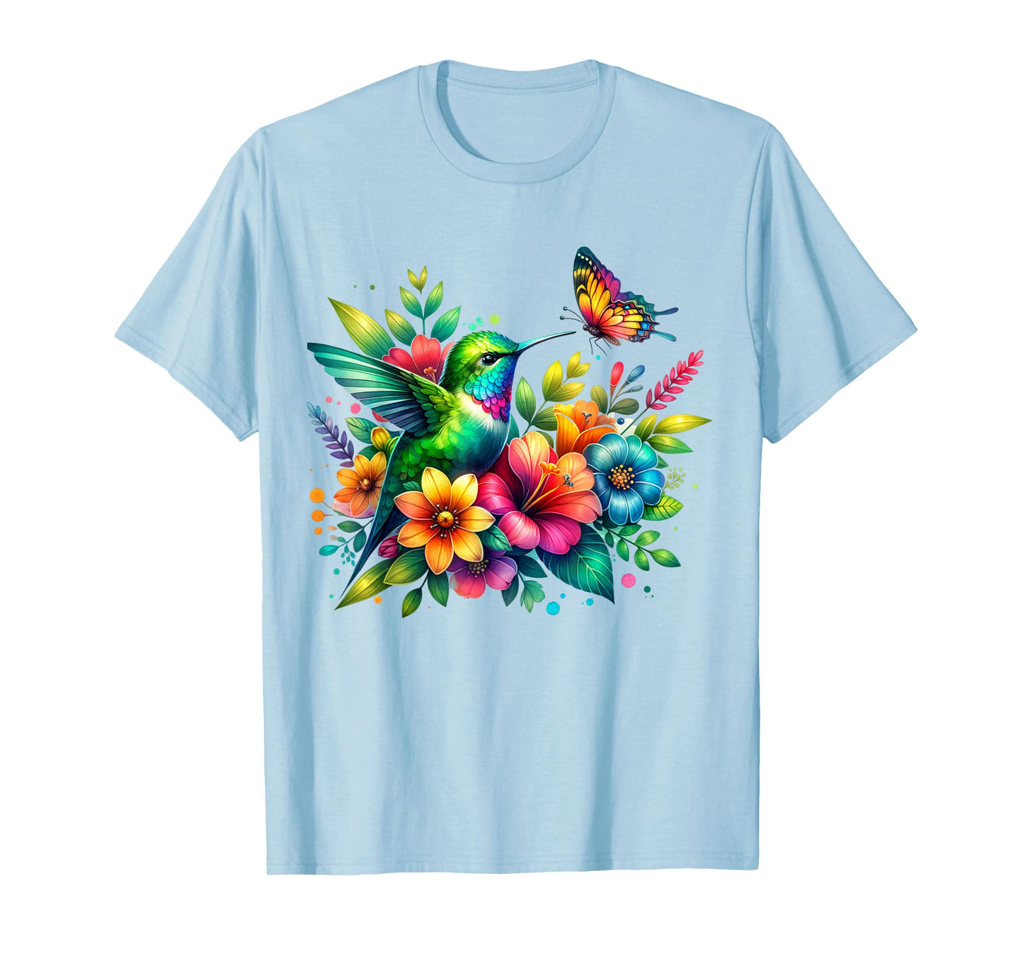 Floral Watercolor Hummingbird & Butterfly T-Shirt