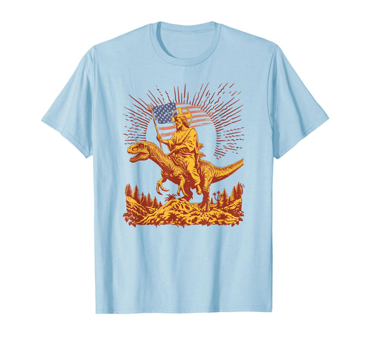 Jesus Riding Raptor Dinosaur USA Flag Funny Weird Patriotic T-Shirt