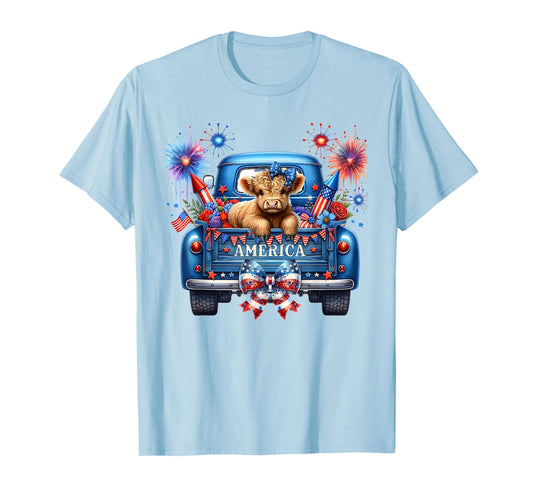 Cute Highland Cow 4th of July USA Flag Patriotic Cow Farmer T-Shirt