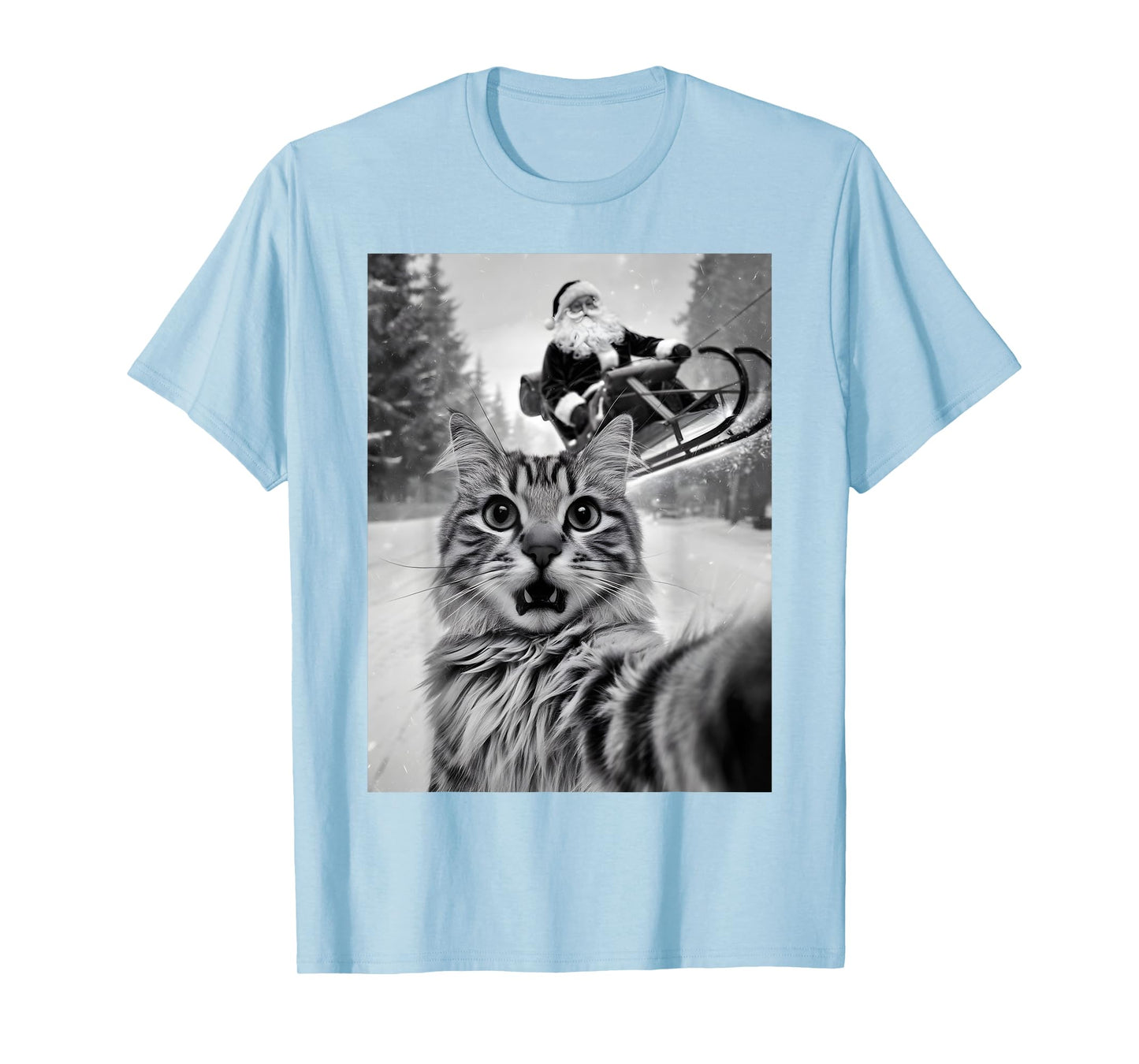 Christmas Cat Selfie With Santa Claus Sleigh Merry X-Mas Men Women Kids T-Shirt