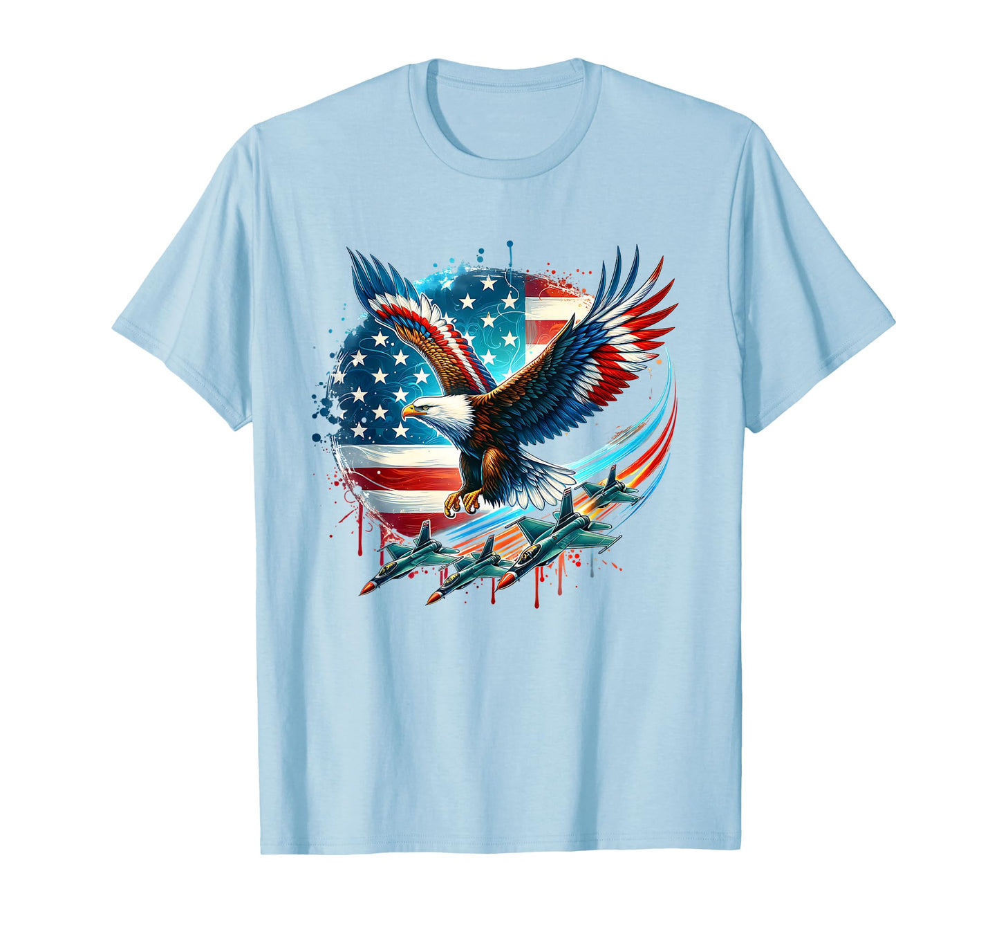 Boys 4th Of July American Bald Eagle USA Flag Fighter Jet T-Shirt