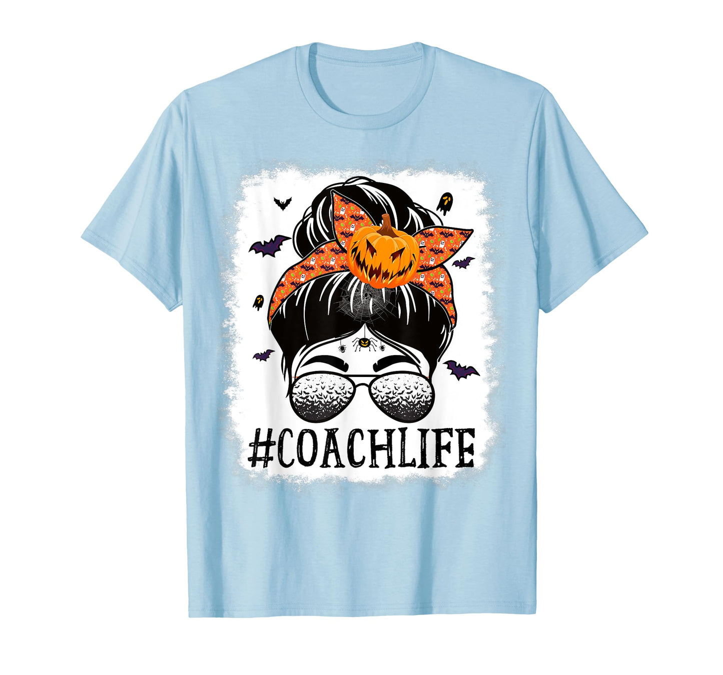 Coach Messy Bun Spooky Pumpkin Bat Orange Halloween Costume T-Shirt