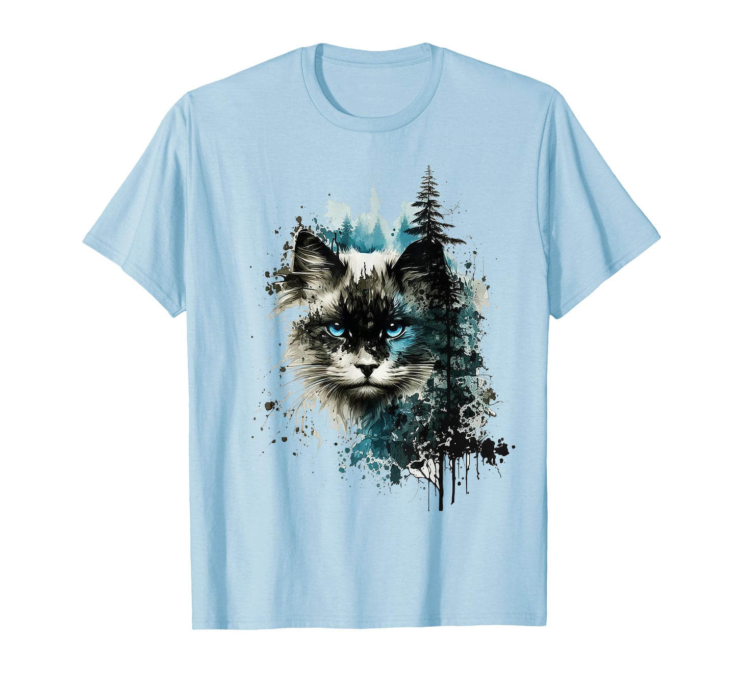 Cat Blue Eyes Cat Motif Art Forest Animal Cat T-Shirt