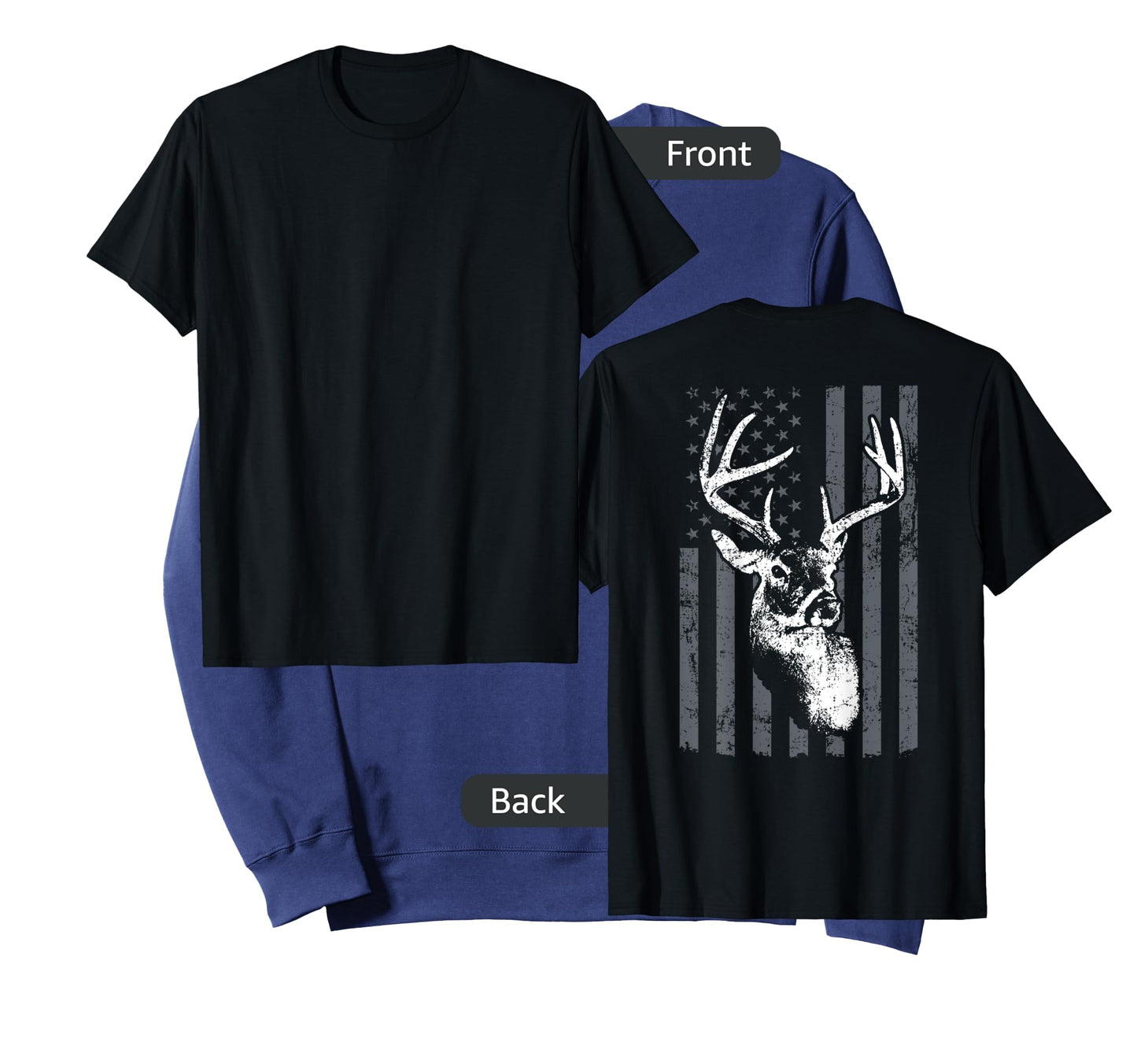Whitetail Buck Deer Hunting USA Grey American Flag - ON BACK Women Kids Men T-Shirt