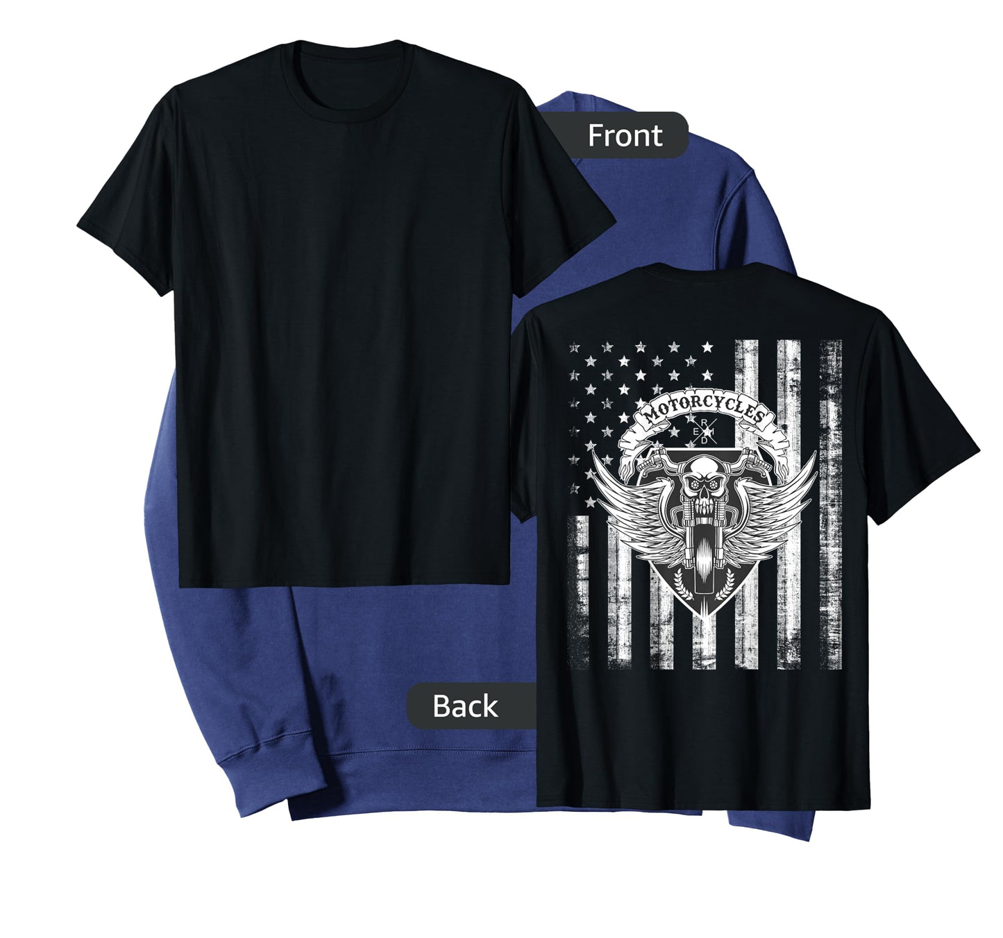 Biker Motorcycle Skull Distressed USA Flag Grunge - on Back T-Shirt