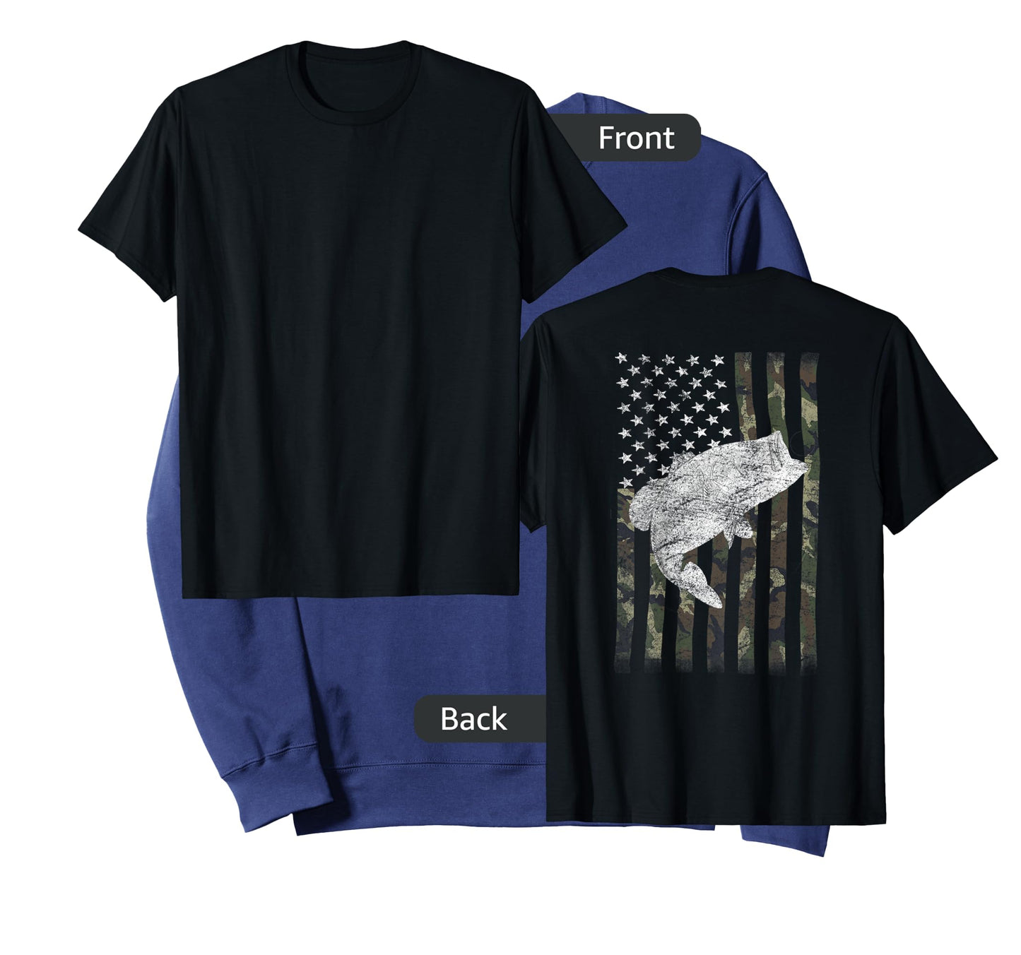 Bass Fishing American Camo USA Flag for Fisherman (on Back) T-Shirt Small