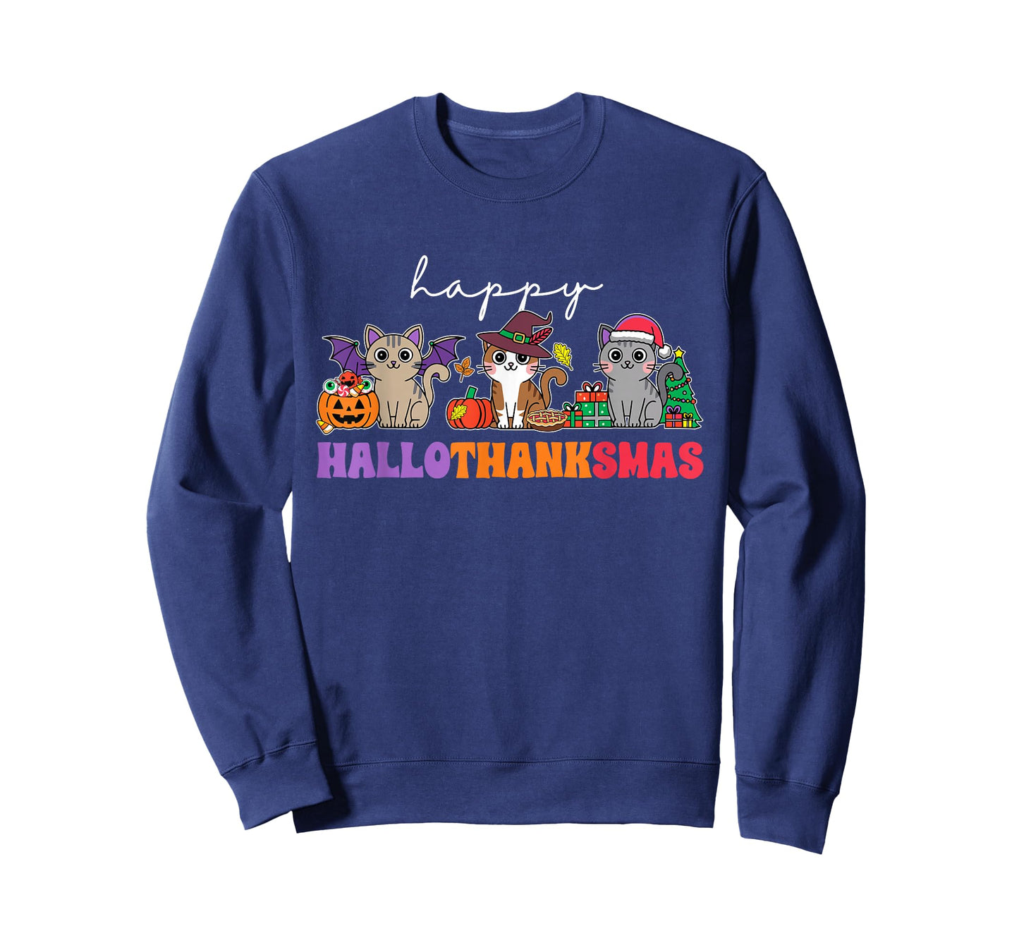 HalloThanksMas Cats T-Shirt: Unisex-Adults, Unisex-Kids, Black, Small, Short Sleeve, T-Shirt, Halloween, Thanksgiving, Christmas, Fall, Winter, Autumn