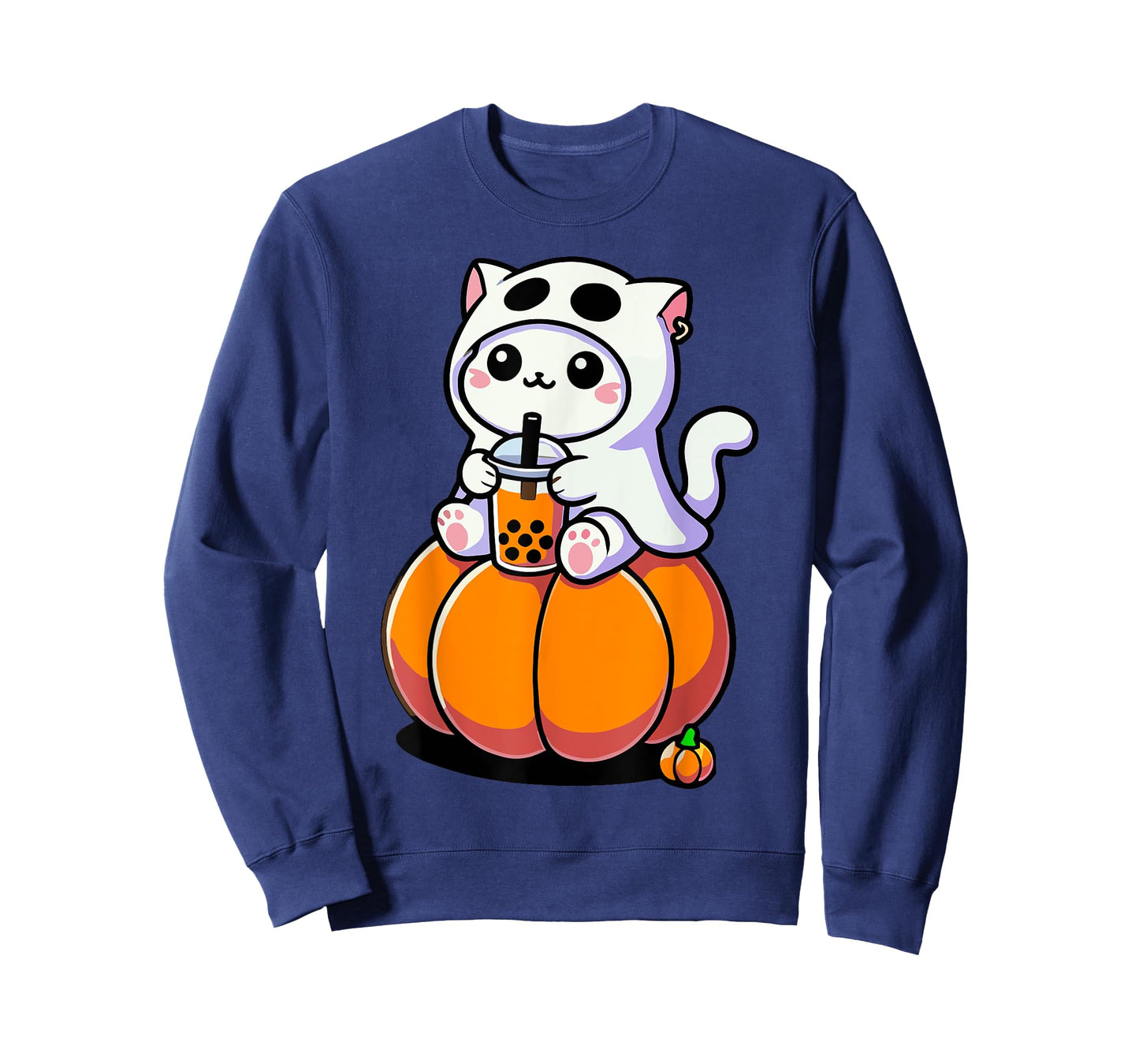 Cute Halloween Cat in Ghost Costume Drinking Boba Tea Tees Men Women Kids T-Shirt