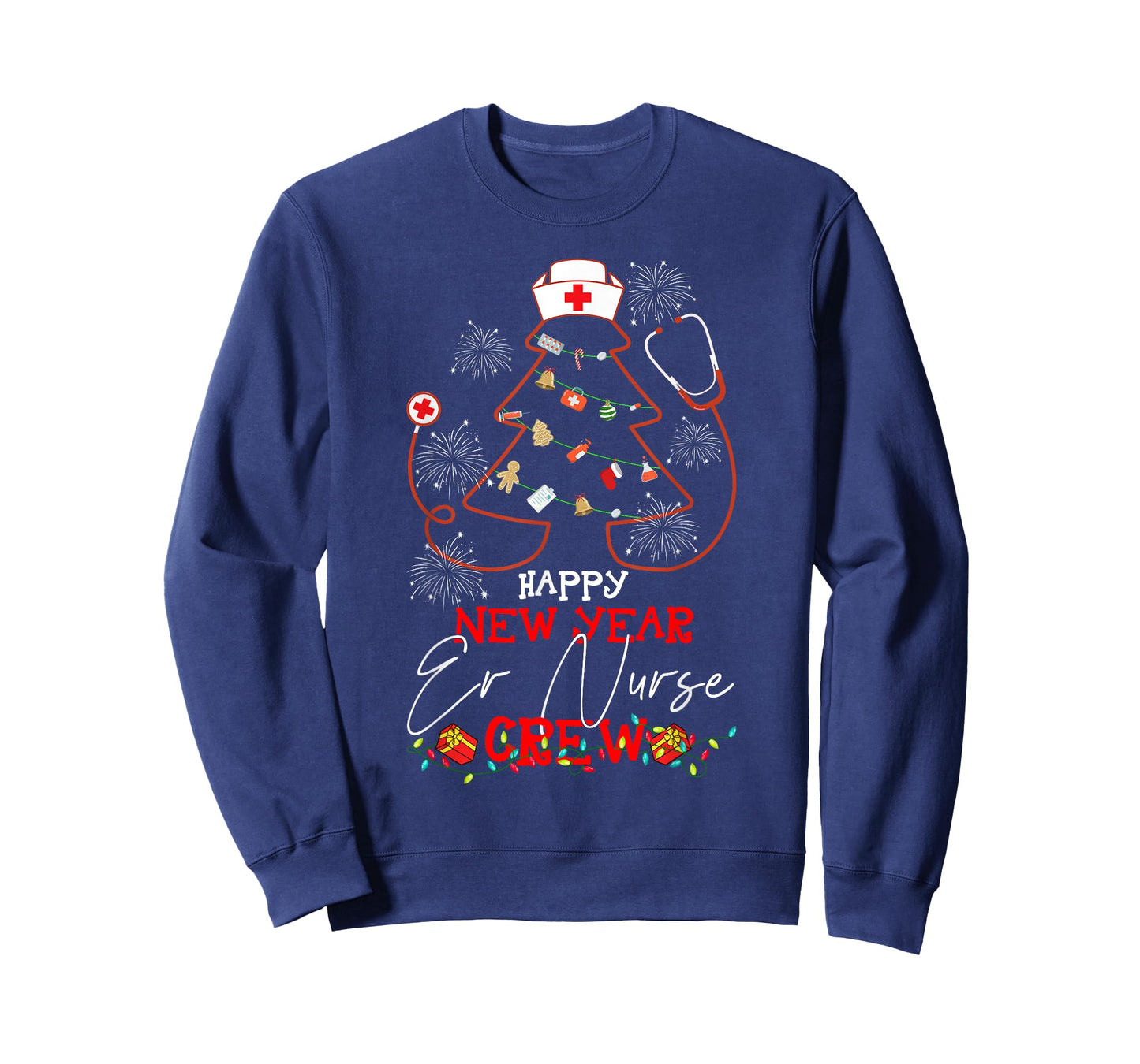 Christmas T-Shirt - Happy New Year ER Nurse Crew Reindeer Nurse - Black, Small - Women-Adults
