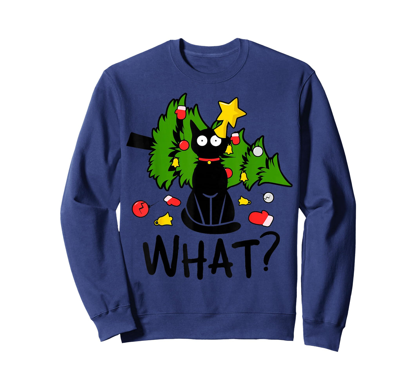 Funny Black Cat Christmas Tree Merry Xmas Humor Cat What? T-Shirt