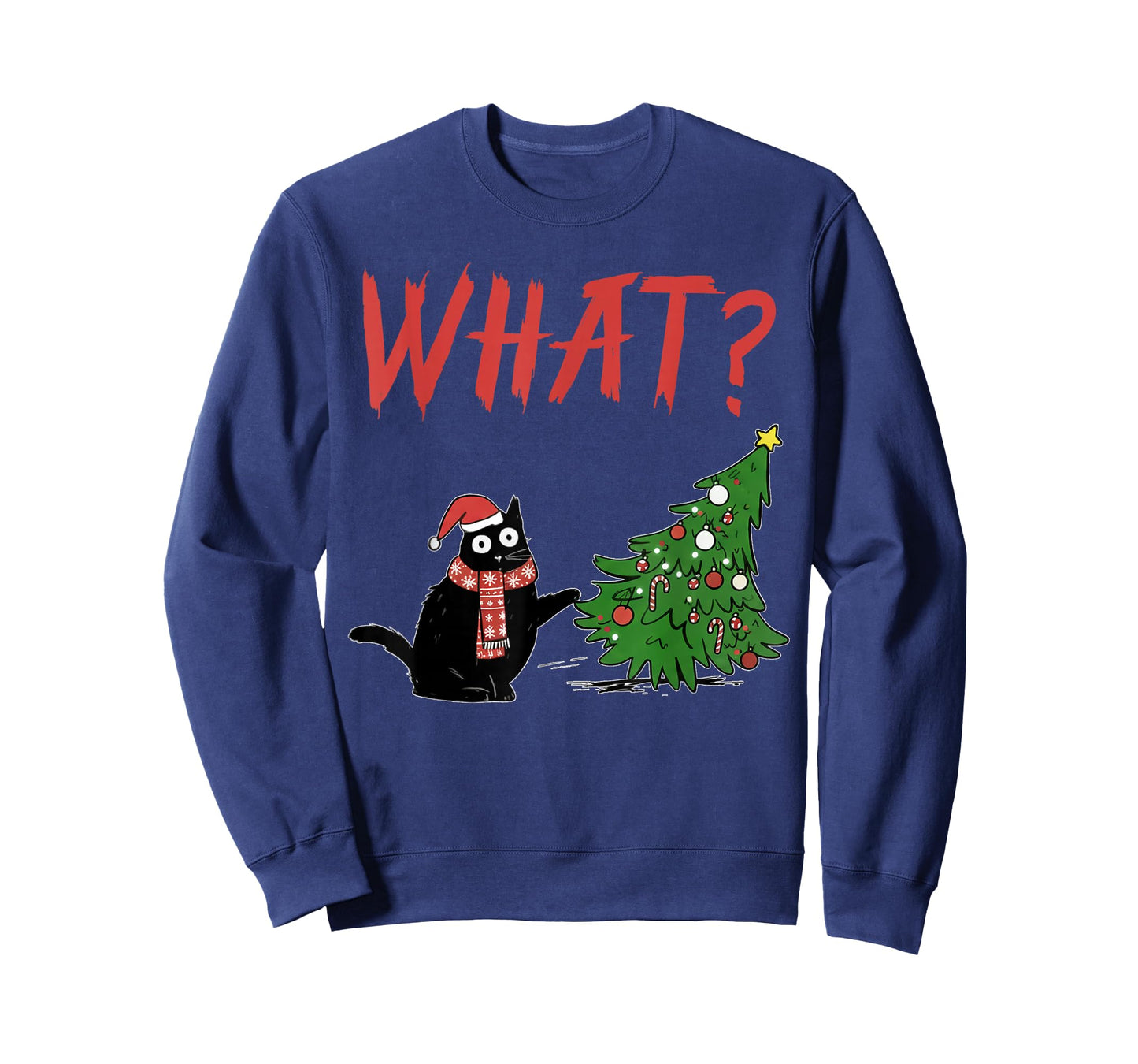 Funny Black Cat Gift Pushing Christmas Tree Over Cat What? T-Shirt