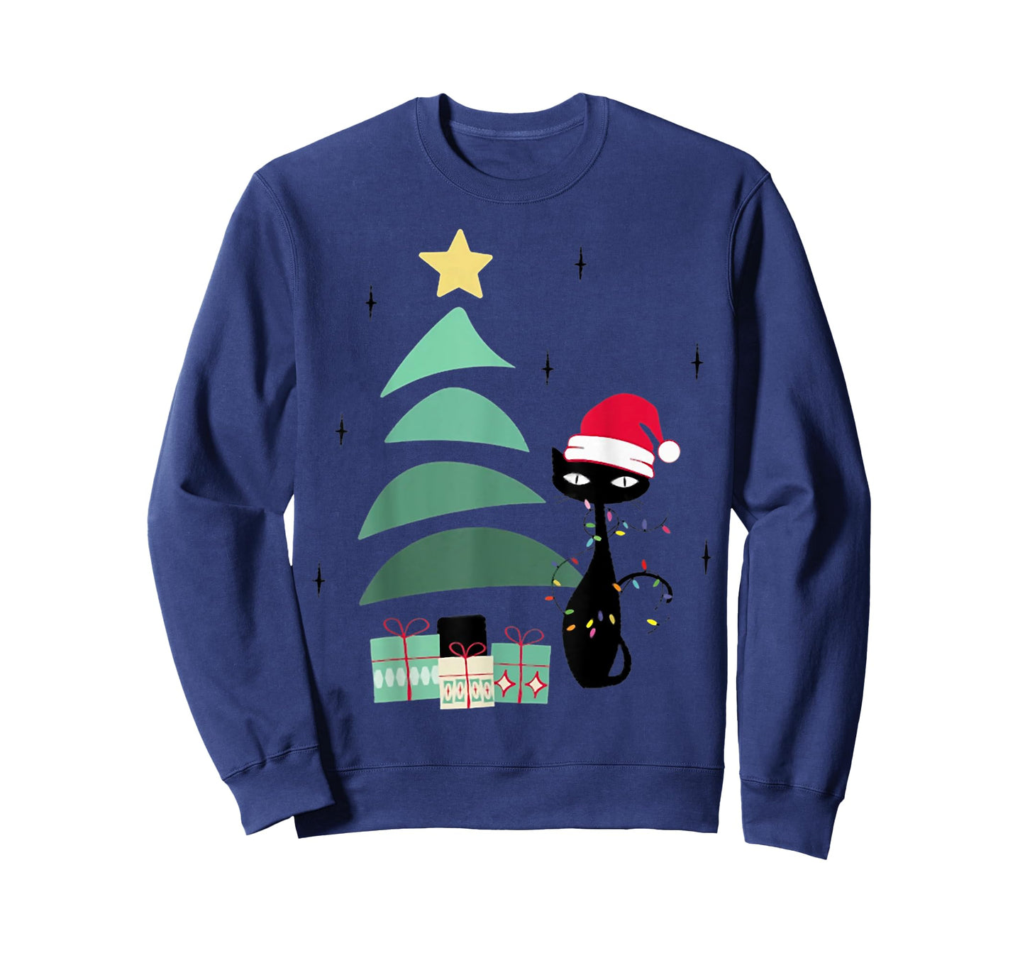 Funny Retro Mid Century Atomic Christmas Tree and Cat T-Shirt for Men Women Kids