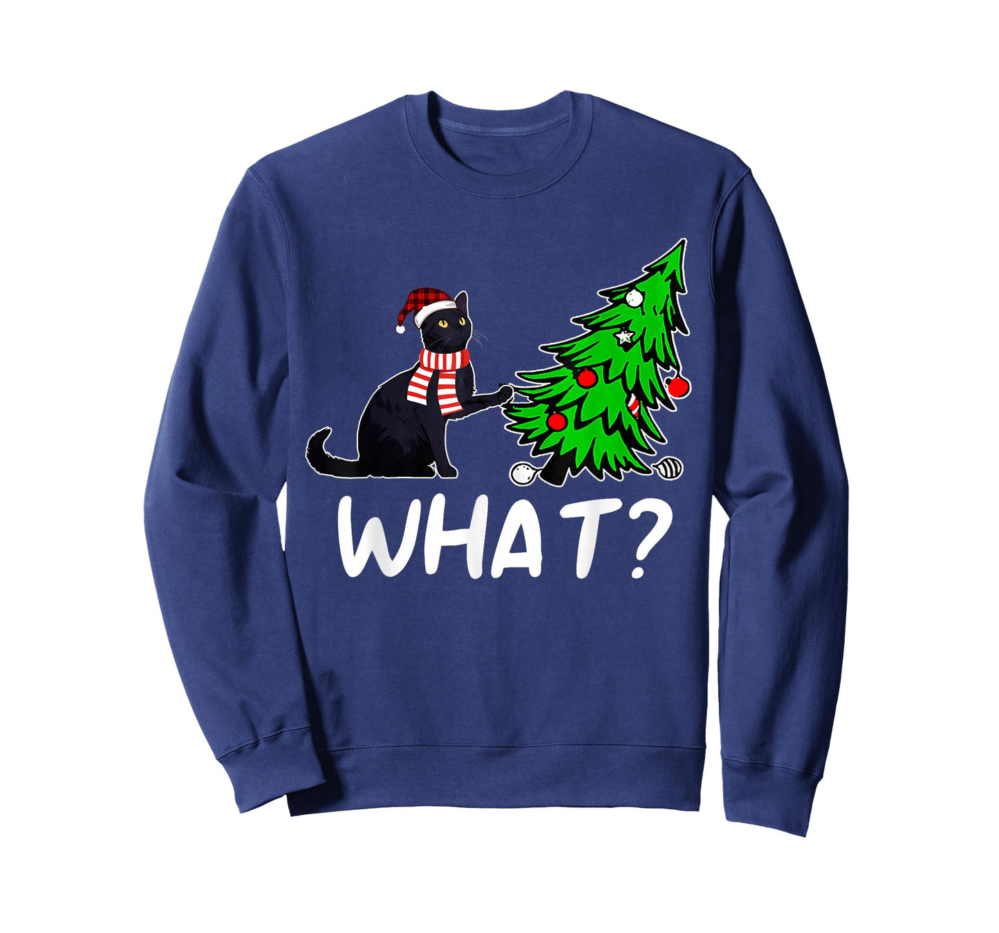 Funny Black Cat Gift Pushing Christmas Tree Over Cat What? T-Shirt