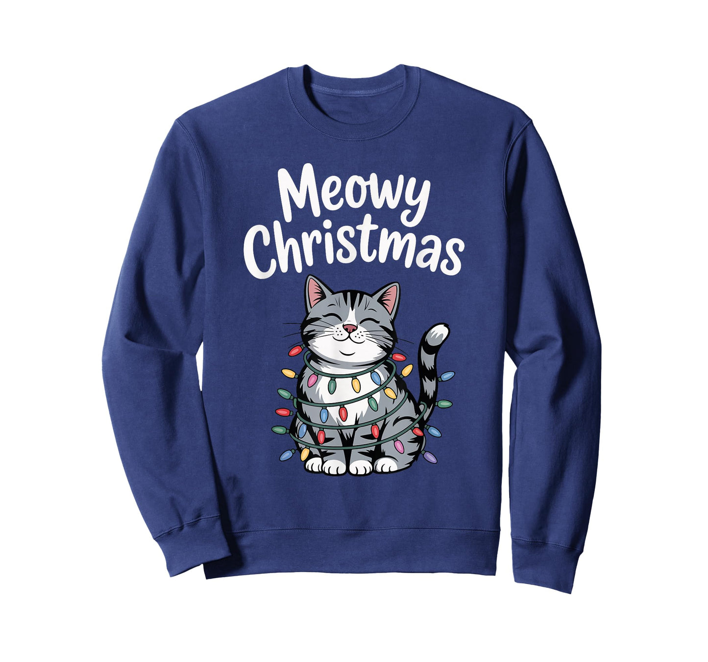 Meowy Christmas Cute Gray Tabby Cat Holiday Lights T-Shirt