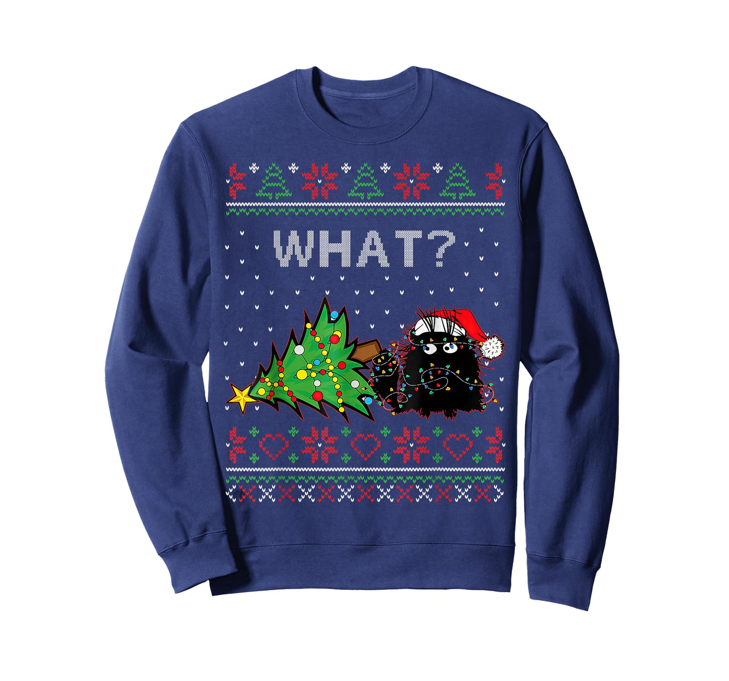 Funny Black Cat Gift Pushing Christmas Tree Over Cat What? T-Shirt