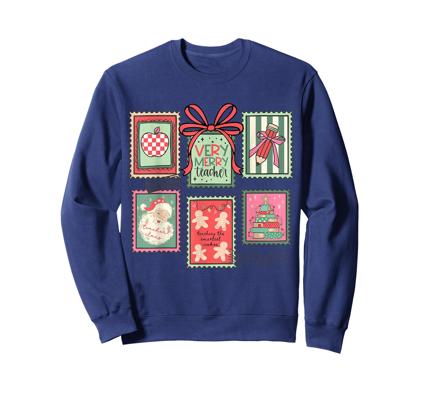 Vintage Preppy Very Merry Teacher Santa Stamps Christmas T-Shirt