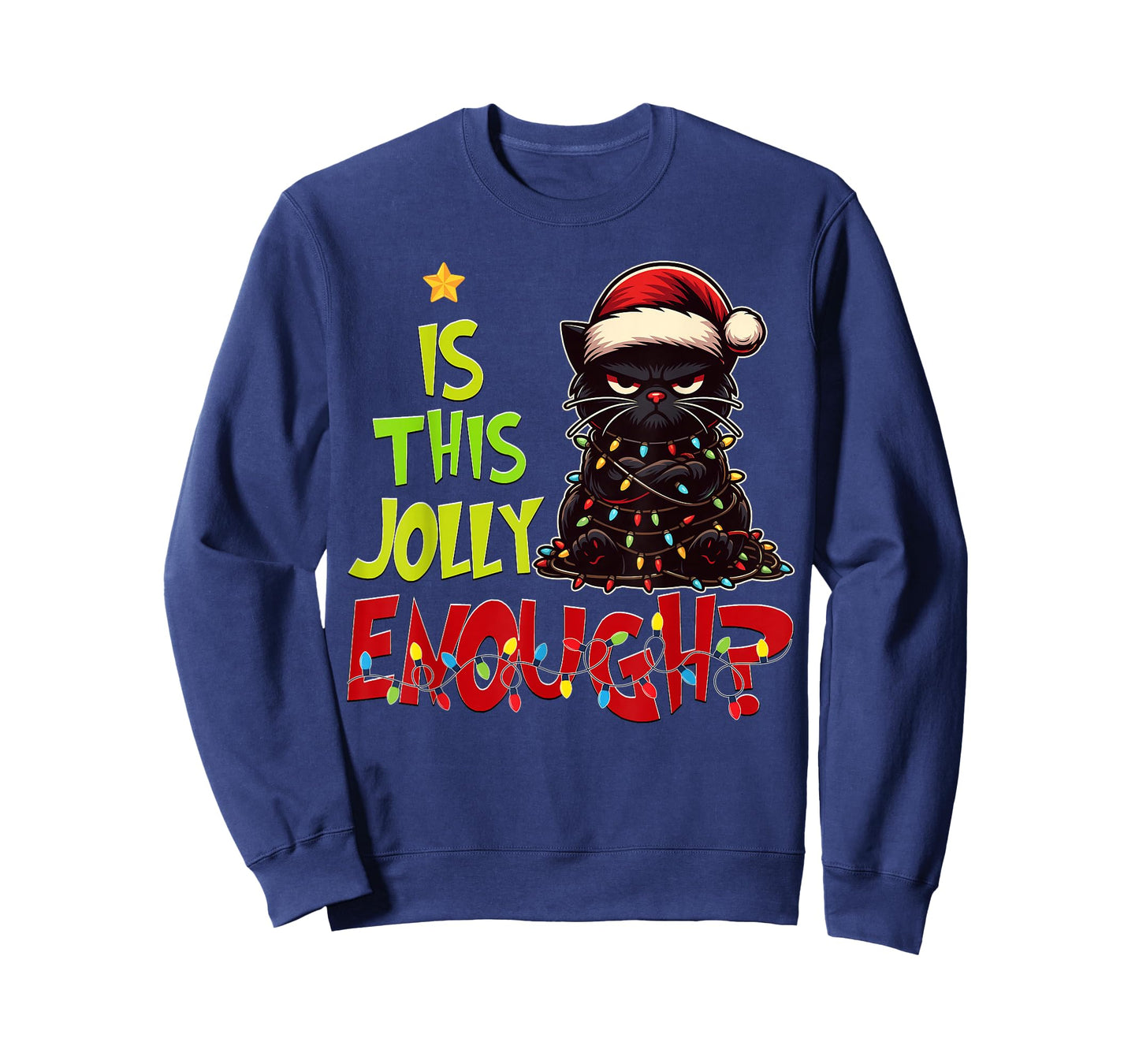Black Cat Christmas Tree Lights Cute Santa Hat Xmas T-Shirt
