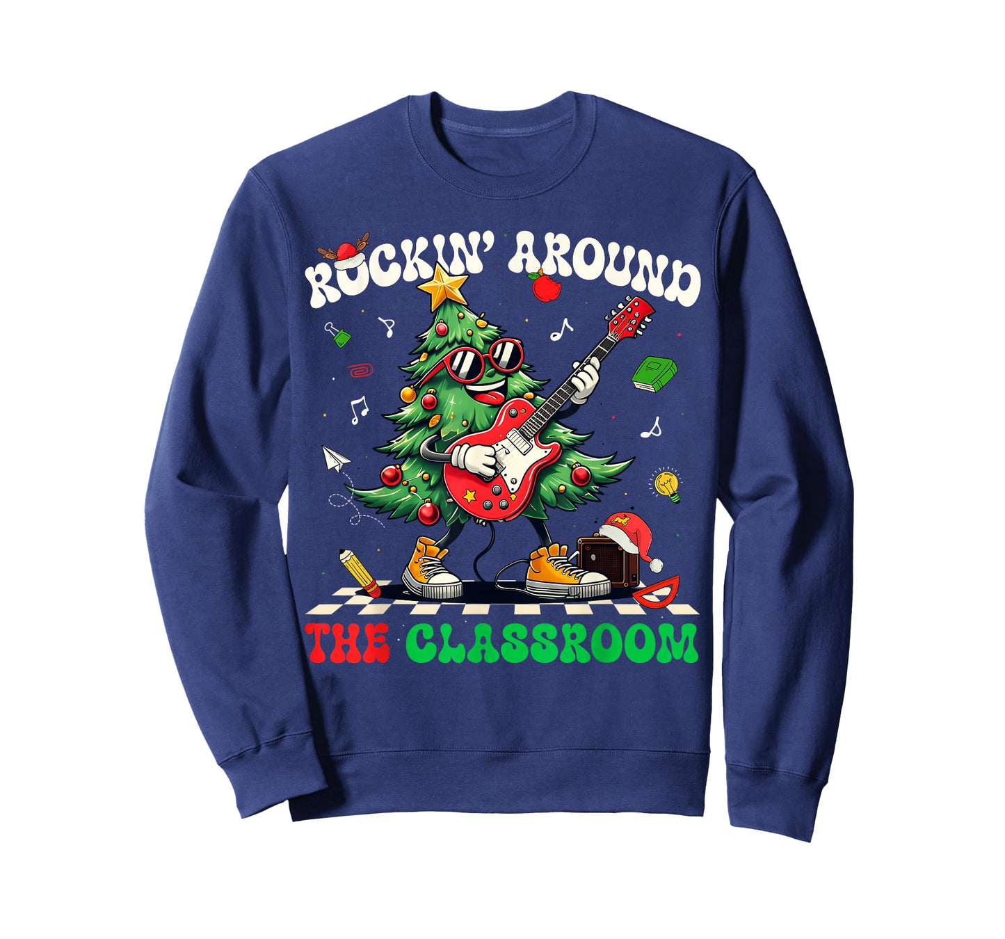 Teacher Christmas Rockin' Around The Classroom Retro Groovy T-Shirt
