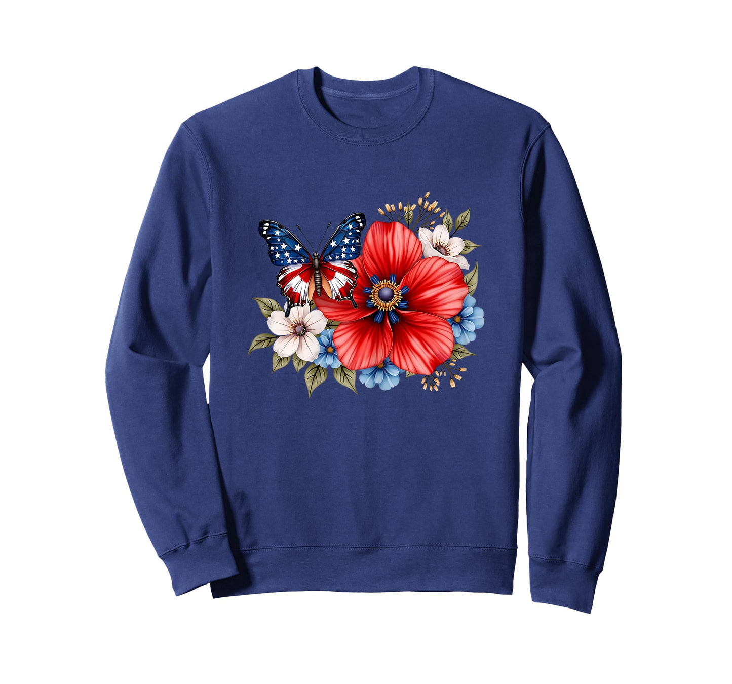 Butterfly Flowers American Flag 4th of July Women Girls T-Shirt