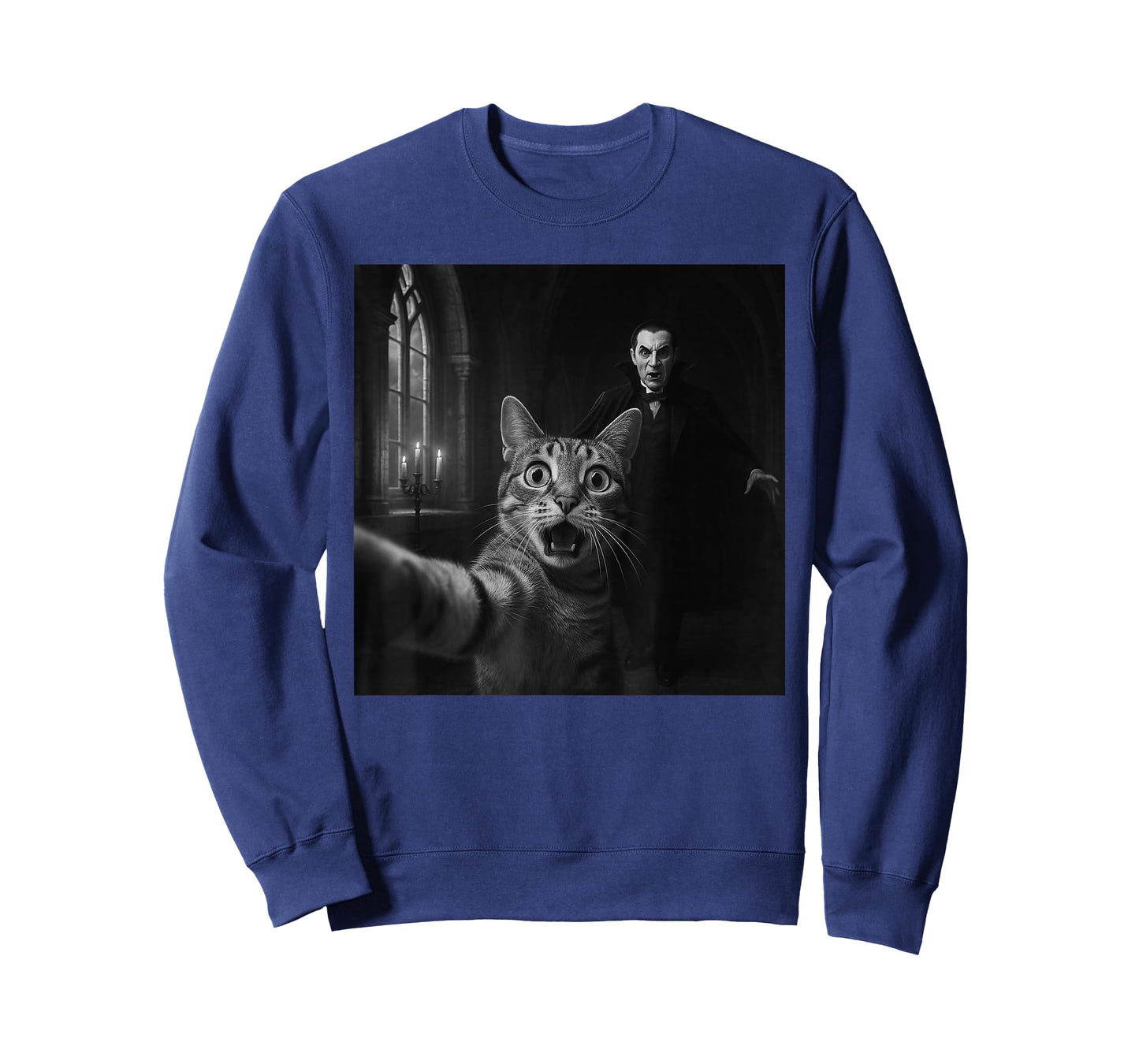 Funny Halloween Surprised Scared Cat Selfie Dracula Vampire T-Shirt