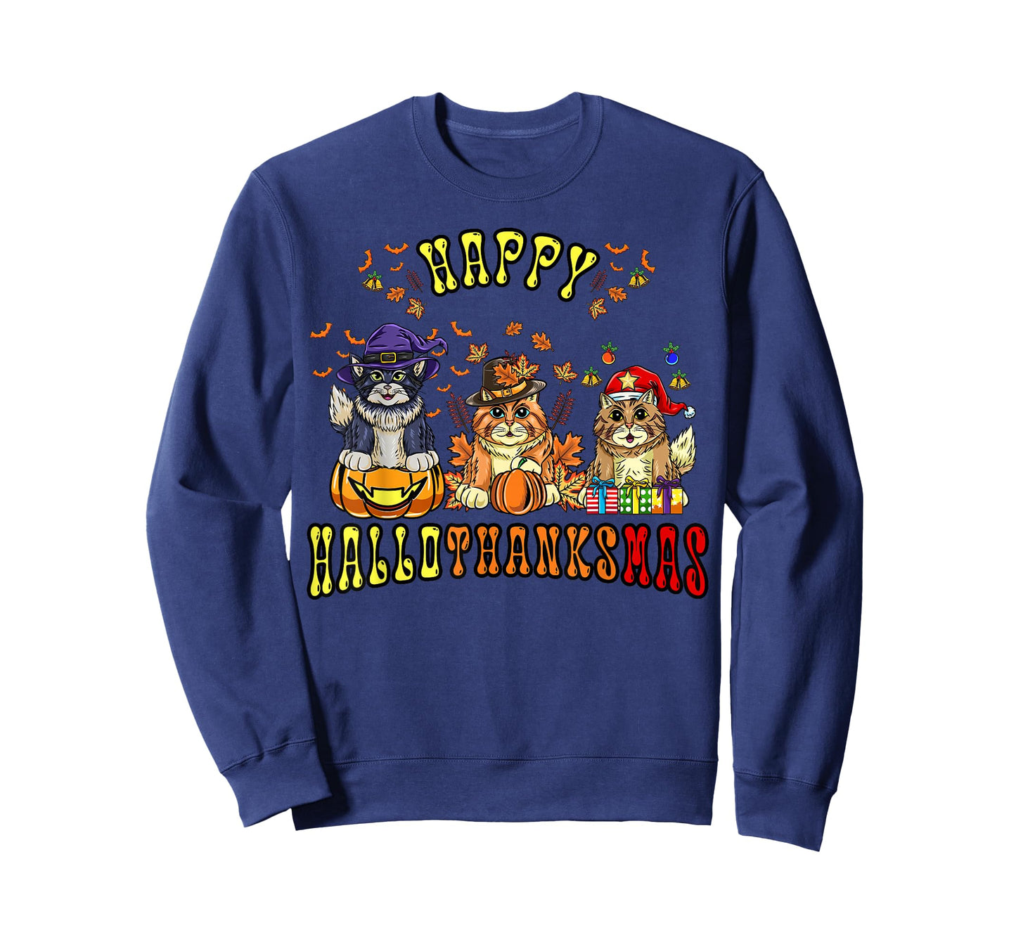 Happy Hallothanksmas Cats Halloween Thanksgiving Christmas T-Shirt