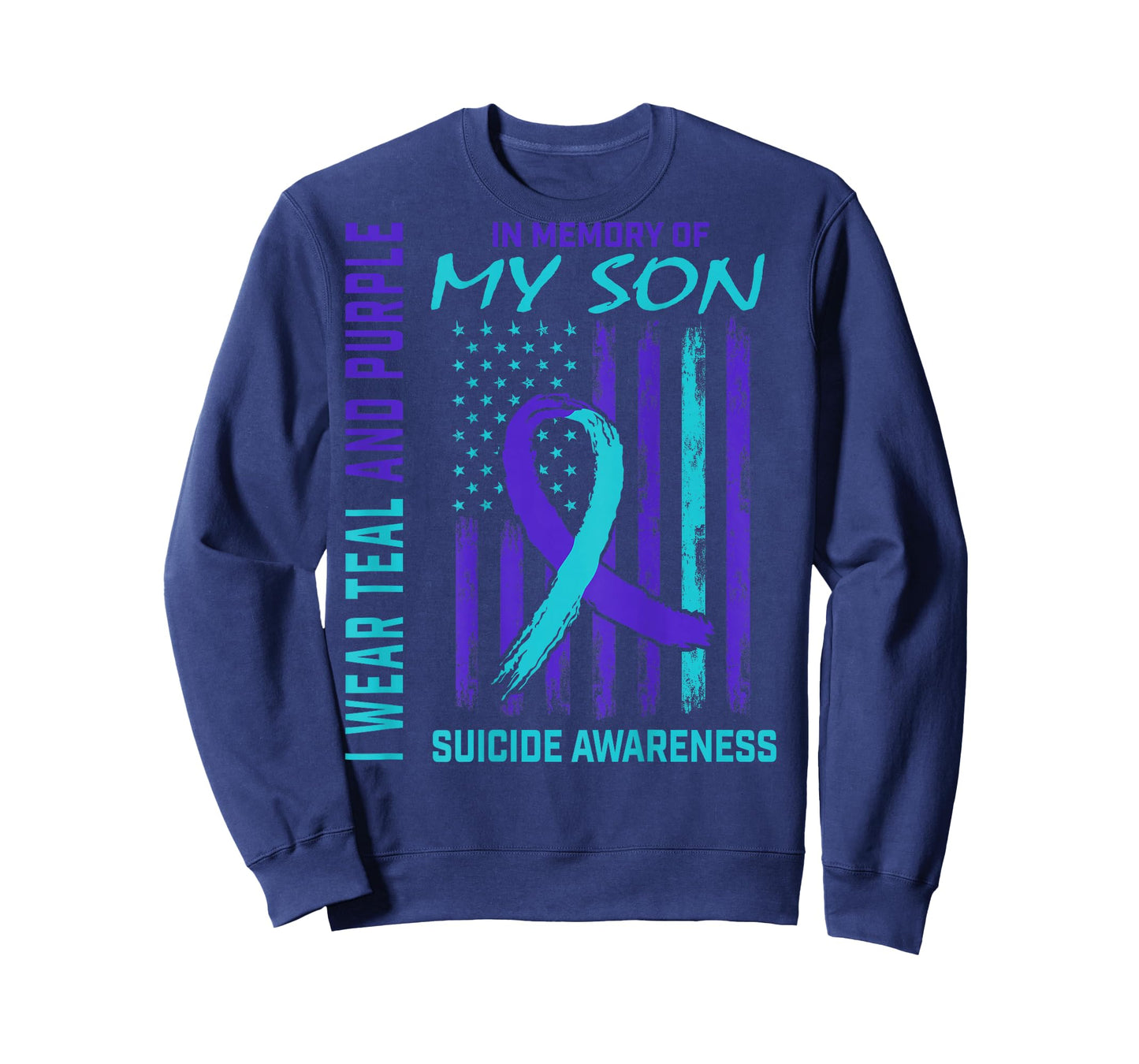 Teal Purple Ribbon Suicide Awareness USA Flag Son Back Print T-Shirt