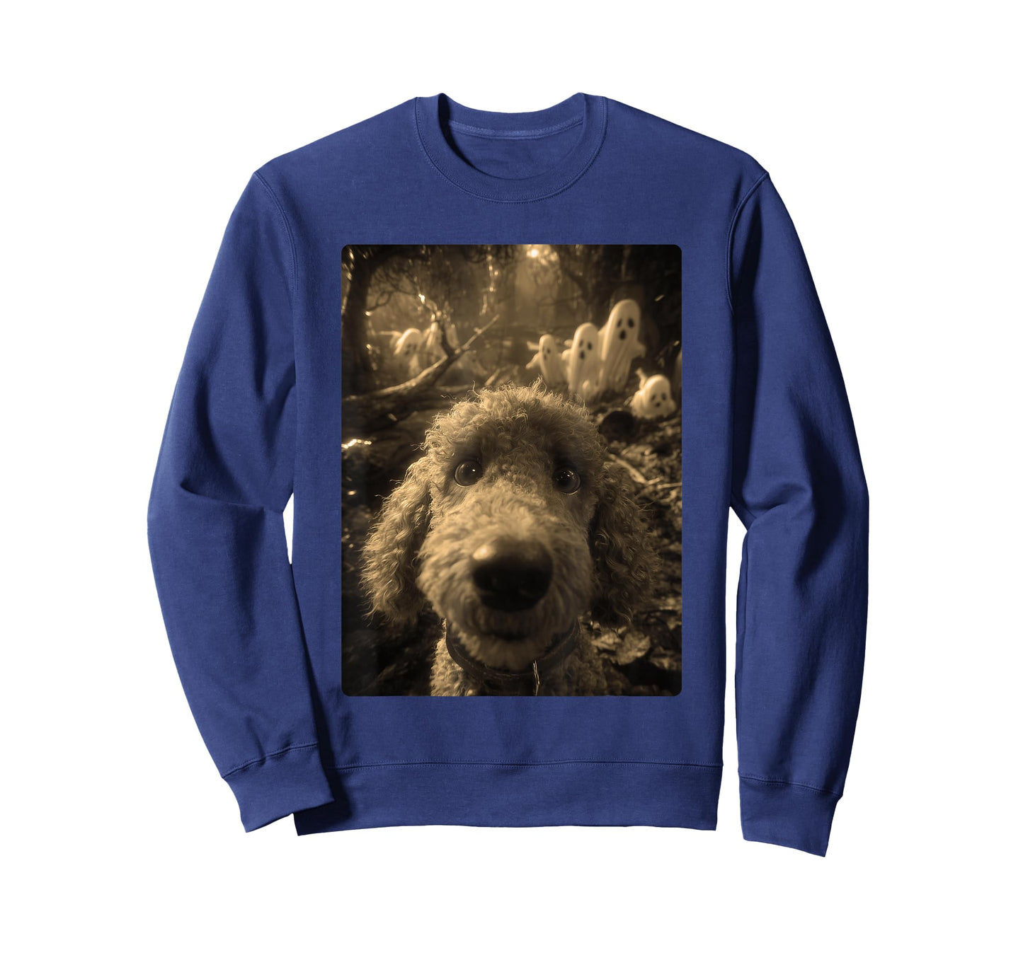 Vintage Poodle Selfie Ghosts Haunted Forest Halloween Dog T-Shirt