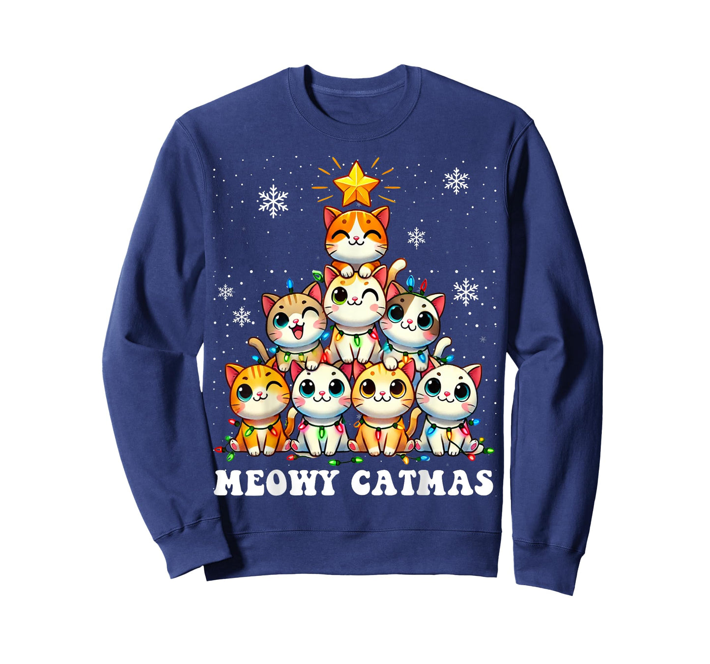 Meowy Catmas Funny Christmas Tree Lights Cute Cat Lover Xmas Men Women Kids T-Shirt