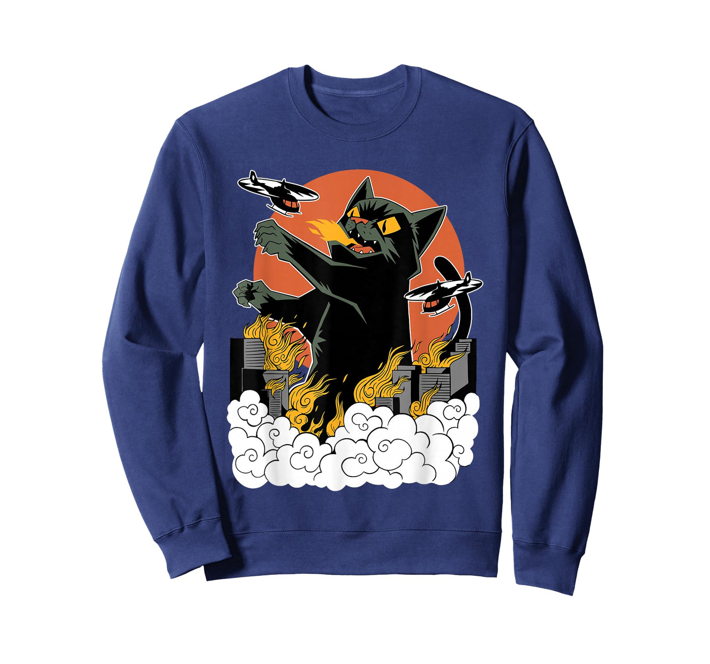 Black Japanese Catzilla Sunset T-Shirt - Classic Fit, Crew Neck, Cotton & Polyester Blend