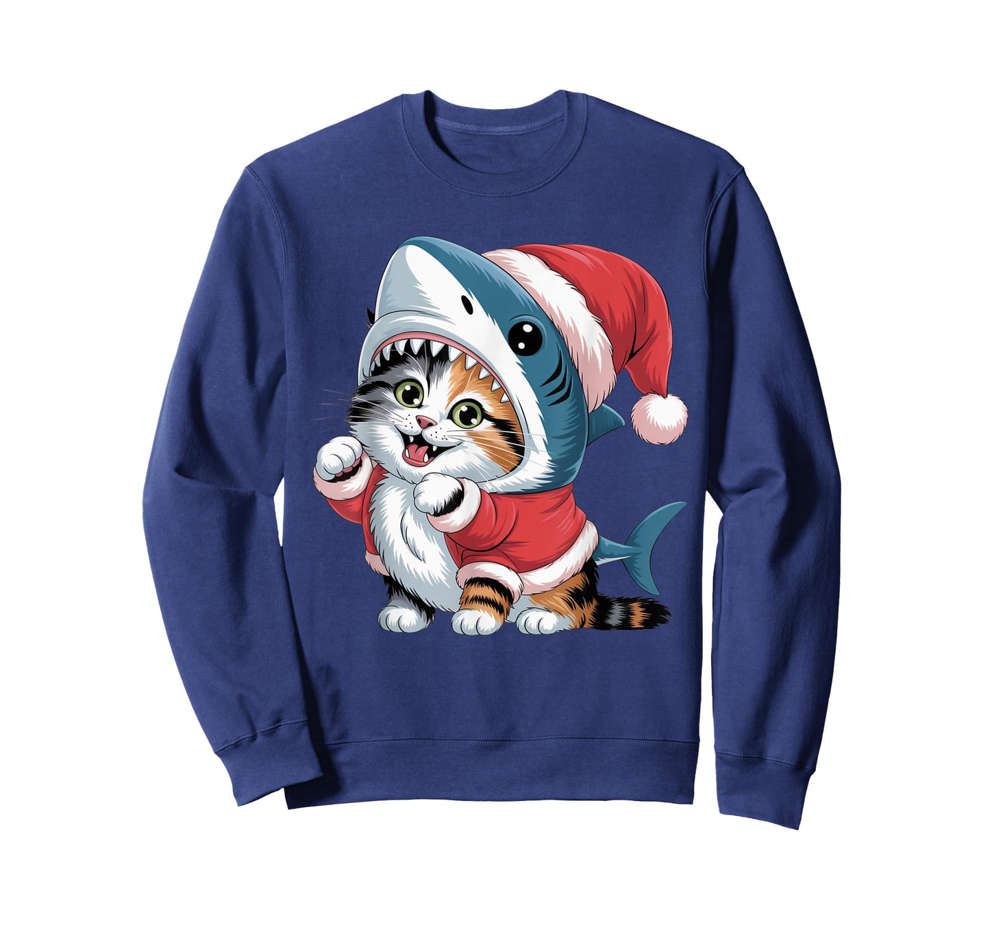 Cute Cat in Shark Costume with Santa Hat Christmas Design T-Shirt