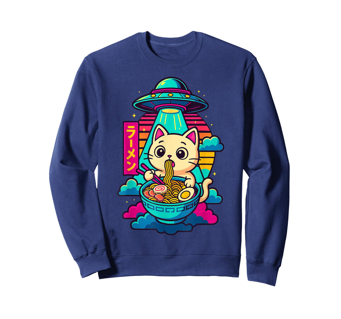 Kawaii Cat Alien UFO Ramen Graphic Tee Funny Japanese Anime T-Shirt