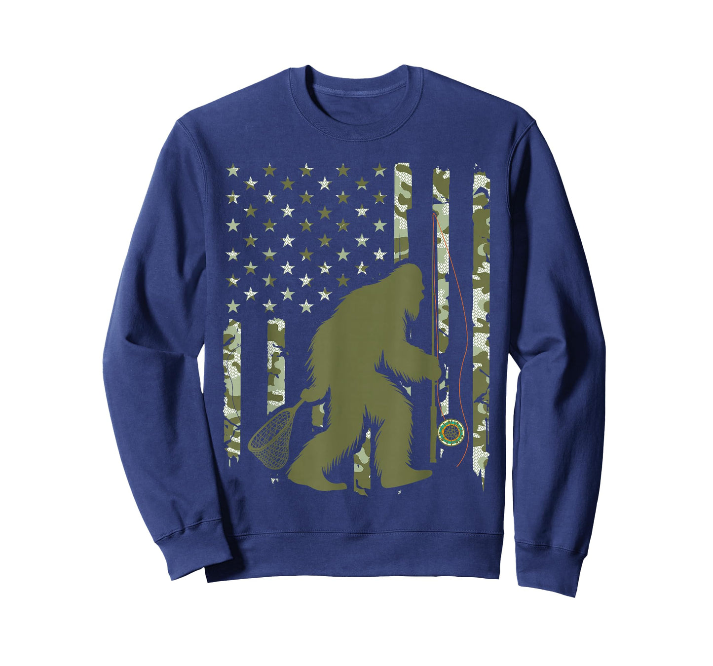 Bigfoot Sasquatch Fly Fishing American Flag Camo Vintage T-Shirt
