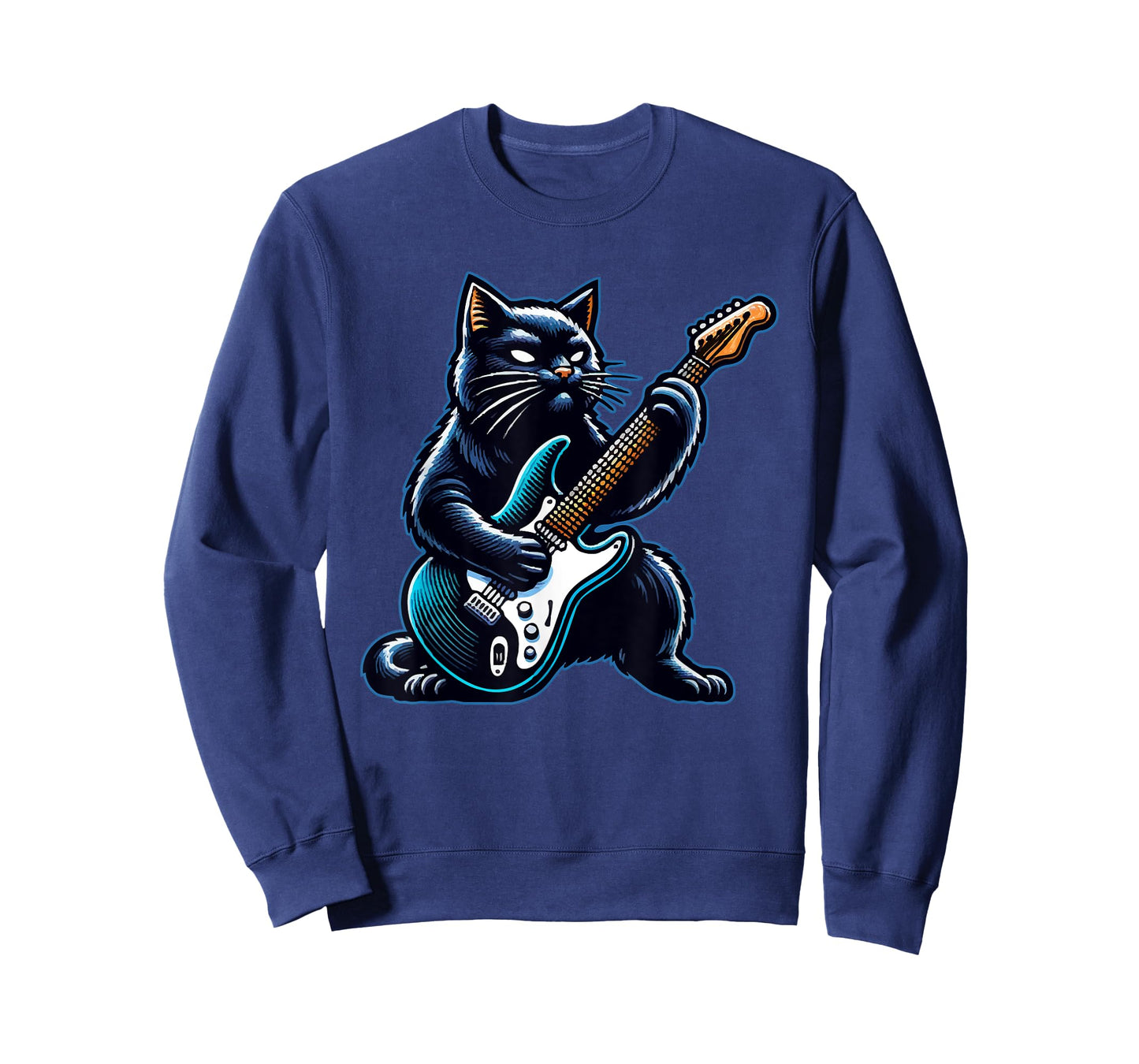 Black Cat Playing Guitar Rock and Roll Rock Star Design T-Shirt
