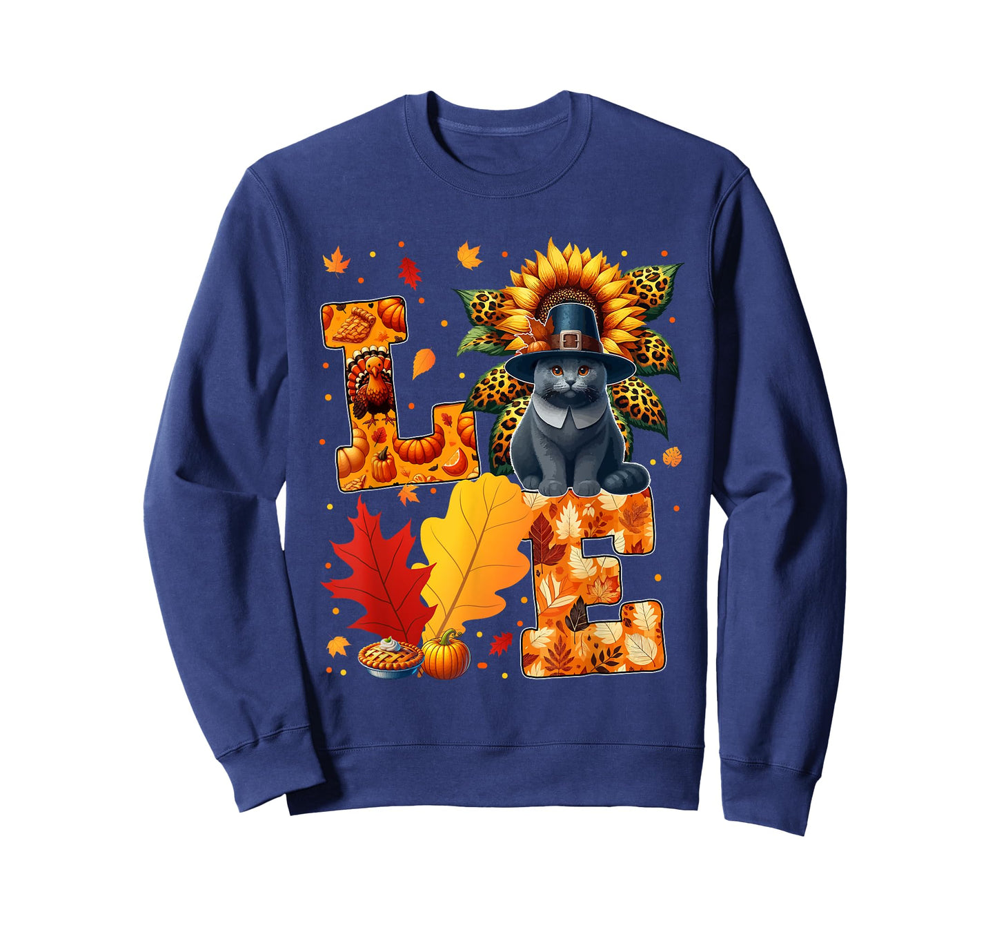 LOVE Thanksgiving Russian Blue Cat Costume Fall Leaves T-Shirt for Men Women Kids