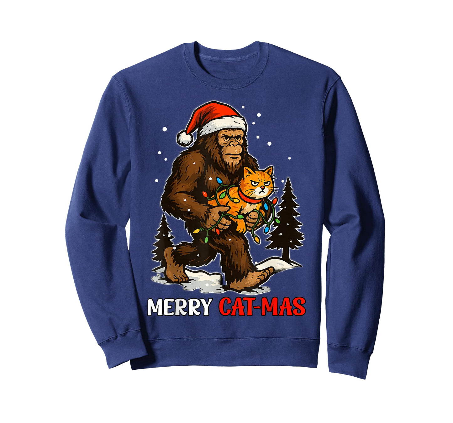 Merry Catmas Bigfoot and Lights Santa Hat Funny Cat Xmas T-Shirt