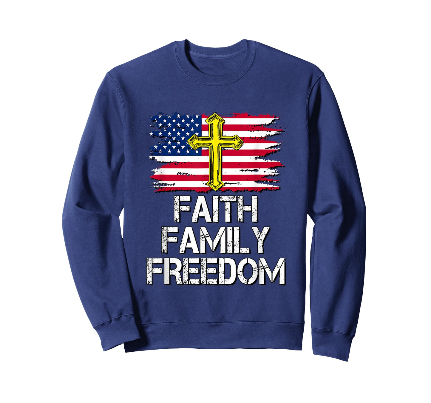 Faith Family Freedom - American Flag and Cross - Distressed T-Shirt