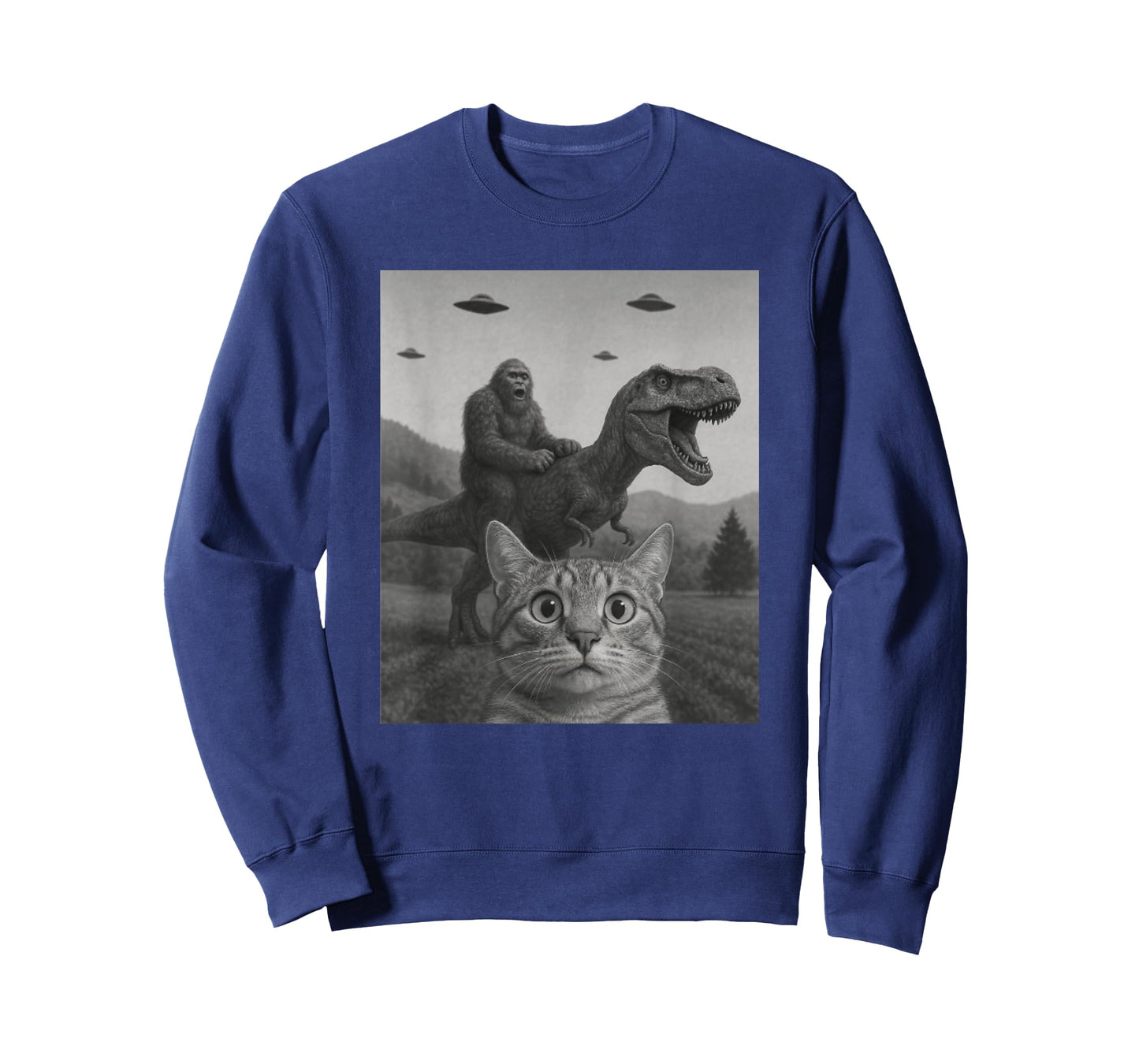 Cat Selfie with Bigfoot Riding T-rex Dinosaur Alien UFO T-Shirt